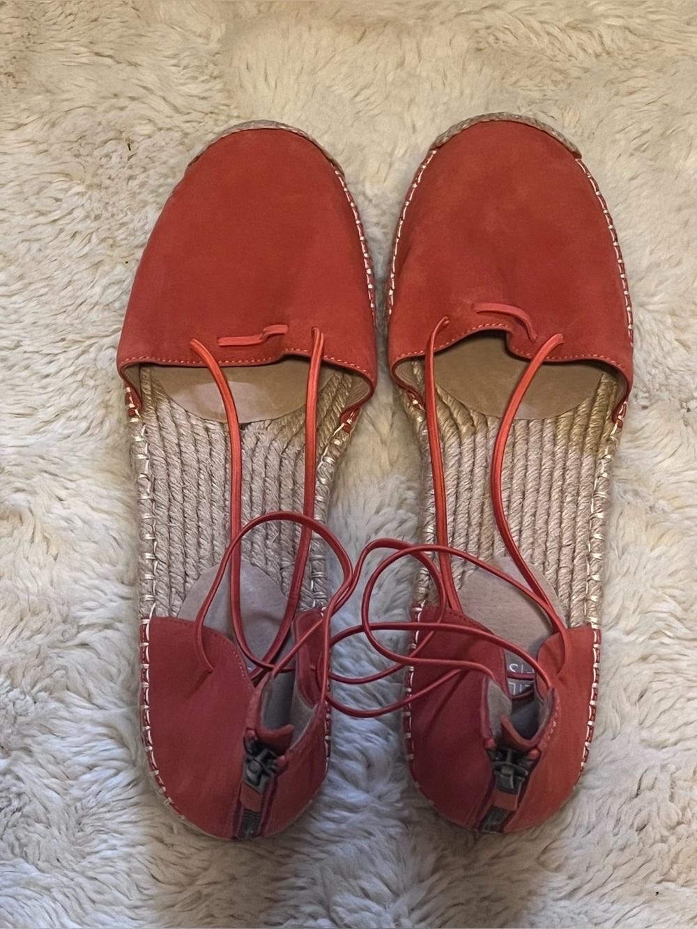 Eileen Fisher Sz 10 Orange Strappy Espadrille Flats Sandals Suede Close Toe Zip